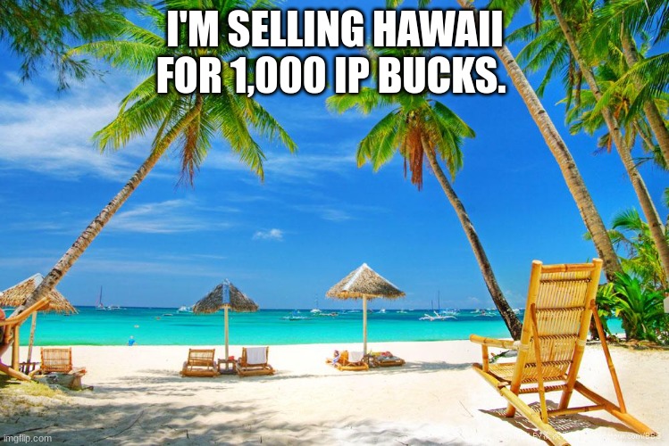 Hawaii | I'M SELLING HAWAII FOR 1,000 IP BUCKS. | image tagged in hawaii | made w/ Imgflip meme maker