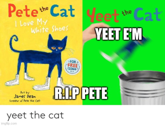 YEET E'M | YEET E'M; R.I.P PETE | image tagged in cat,yeet the child | made w/ Imgflip meme maker