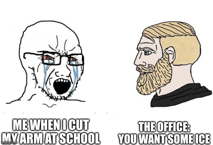 Soyboy Vs Yes Chad | THE OFFICE: YOU WANT SOME ICE; ME WHEN I CUT MY ARM AT SCHOOL | image tagged in soyboy vs yes chad | made w/ Imgflip meme maker