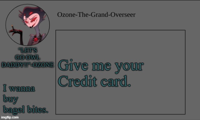 Ozone's OWL DADDY temp | Give me your Credit card. I wanna buy bagel bites. | image tagged in ozone's owl daddy temp | made w/ Imgflip meme maker