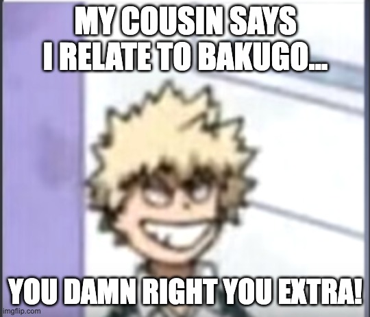 Bakugo sero smile | MY COUSIN SAYS I RELATE TO BAKUGO... YOU DAMN RIGHT YOU EXTRA! | image tagged in bakugo sero smile | made w/ Imgflip meme maker