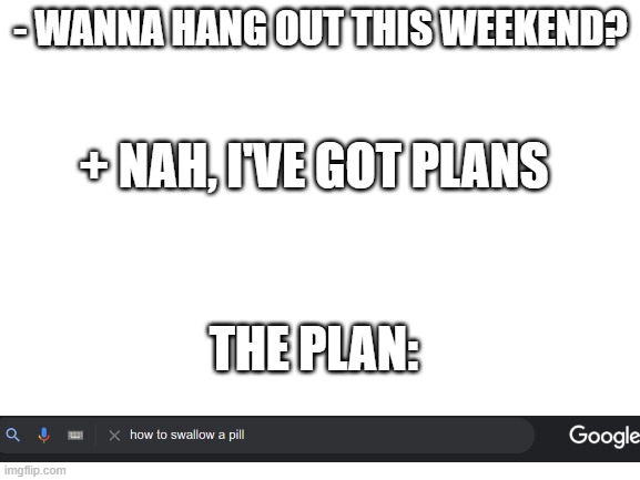 yeah... I don't know how to do it | - WANNA HANG OUT THIS WEEKEND? + NAH, I'VE GOT PLANS; THE PLAN: | image tagged in blank white template,funny,meme | made w/ Imgflip meme maker