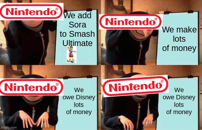 Nintendo Gru's Plan | We add Sora to Smash Ultimate; We make lots of money; We owe Disney lots of money; We owe Disney lots of money | image tagged in memes,gru's plan | made w/ Imgflip meme maker