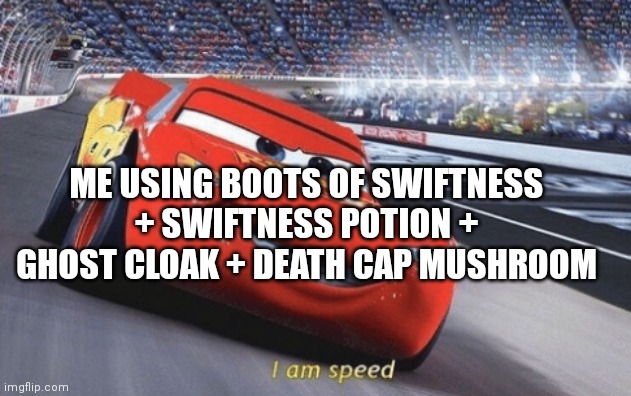 I am speed | ME USING BOOTS OF SWIFTNESS + SWIFTNESS POTION + GHOST CLOAK + DEATH CAP MUSHROOM | image tagged in i am speed | made w/ Imgflip meme maker