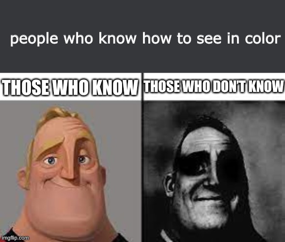 people who know how to see in color; THOSE WHO KNOW; THOSE WHO DON’T KNOW | image tagged in normal and dark mr incredibles | made w/ Imgflip meme maker