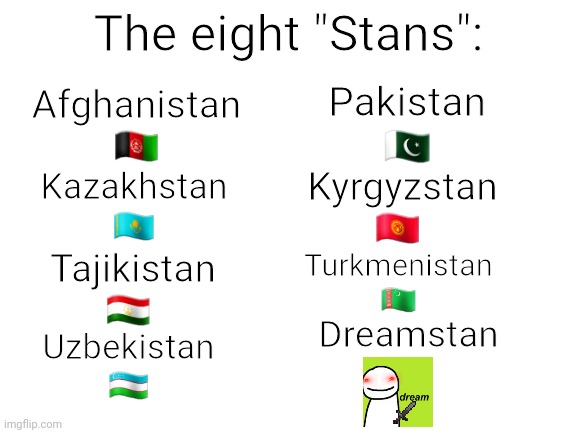 *insert title here* | The eight "Stans":; Afghanistan
🇦🇫; Pakistan
🇵🇰; Kazakhstan
🇰🇿; Kyrgyzstan
🇰🇬; Turkmenistan
🇹🇲; Tajikistan
🇹🇯; Dreamstan; Uzbekistan
🇺🇿 | image tagged in blank white template,dream,minecraft,central asia,dream stans,funny | made w/ Imgflip meme maker