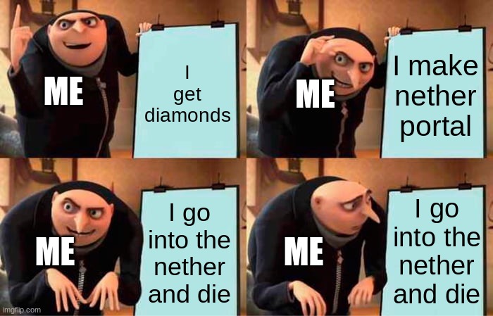 my minecraft playthroughs | I get diamonds; I make nether portal; ME; ME; I go into the nether and die; I go into the nether and die; ME; ME | image tagged in memes,gru's plan | made w/ Imgflip meme maker