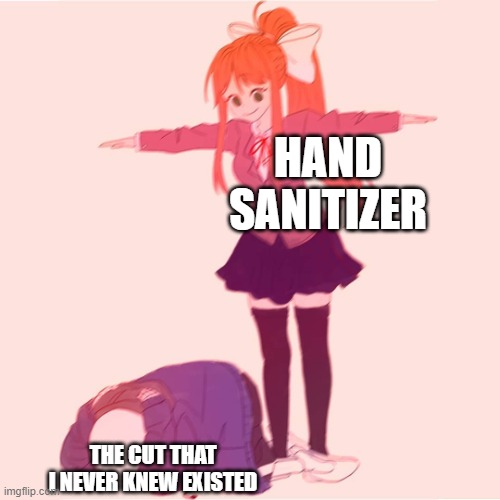 Monika t-posing on Sans | HAND SANITIZER; THE CUT THAT I NEVER KNEW EXISTED | image tagged in monika t-posing on sans | made w/ Imgflip meme maker