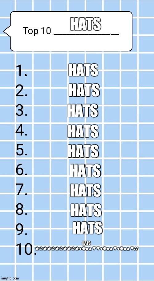 Top 10.... | HATS; HATS; HATS; HATS; HATS; HATS; HATS; HATS; HATS; HATS; HATS
 ★☆★★☆★☆★★☆★●◆■▲▼▼●◆■▲▼●◆■▲▼♪♪ | image tagged in top 10 | made w/ Imgflip meme maker