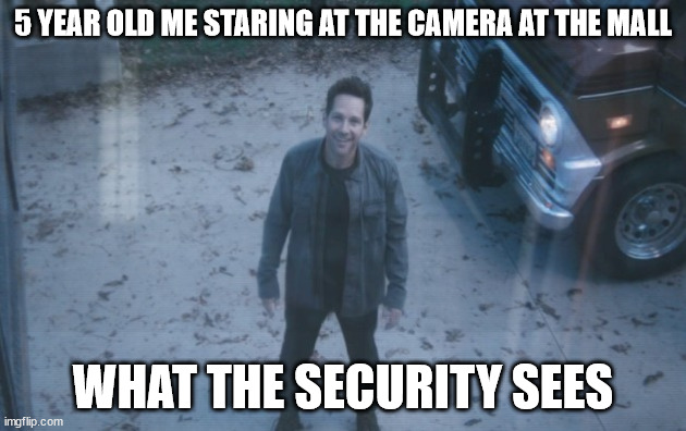 Ant Man (Avengers Endgame) | 5 YEAR OLD ME STARING AT THE CAMERA AT THE MALL; WHAT THE SECURITY SEES | image tagged in ant man avengers endgame | made w/ Imgflip meme maker