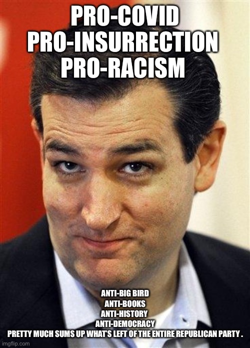 Bashful Ted Cruz | PRO-COVID
PRO-INSURRECTION 
PRO-RACISM; ANTI-BIG BIRD
ANTI-BOOKS
ANTI-HISTORY 
ANTI-DEMOCRACY
PRETTY MUCH SUMS UP WHAT’S LEFT OF THE ENTIRE REPUBLICAN PARTY . | image tagged in bashful ted cruz | made w/ Imgflip meme maker