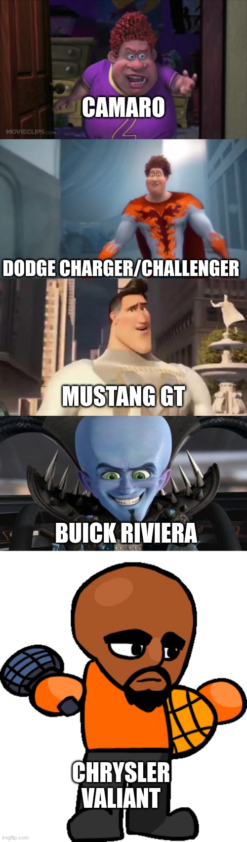 chrysler valiant = good | CAMARO; DODGE CHARGER/CHALLENGER; MUSTANG GT; BUICK RIVIERA; CHRYSLER VALIANT | image tagged in snotty boy glow-up | made w/ Imgflip meme maker