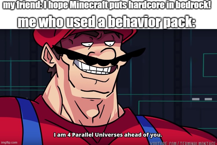 big brain move | my friend: I hope Minecraft puts hardcore in bedrock! me who used a behavior pack: | image tagged in mario i am four parallel universes ahead of you | made w/ Imgflip meme maker