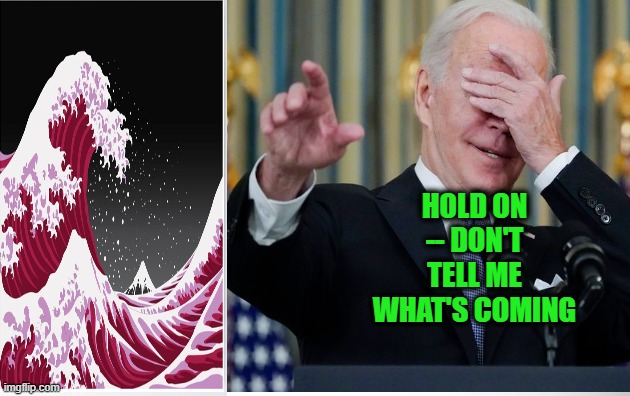 Don't Peek, Joe: It's Just a Red Wave in 2022 | HOLD ON -- DON'T TELL ME WHAT'S COMING | image tagged in joe biden,2022 elections,red wave | made w/ Imgflip meme maker