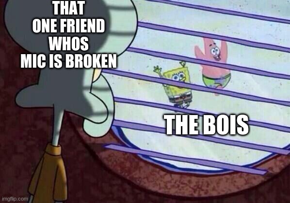 Squidward window |  THAT ONE FRIEND WHOS MIC IS BROKEN; THE BOIS | image tagged in squidward window,sadness,me and the boys | made w/ Imgflip meme maker