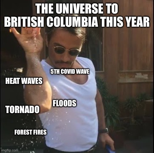 BC 2021 |  THE UNIVERSE TO BRITISH COLUMBIA THIS YEAR; 5TH COVID WAVE; HEAT WAVES; FLOODS; TORNADO; FOREST FIRES | image tagged in salt bae | made w/ Imgflip meme maker