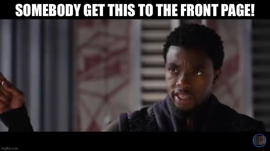 Black Panther - Get this man a shield | SOMEBODY GET THIS TO THE FRONT PAGE! | image tagged in black panther - get this man a shield | made w/ Imgflip meme maker