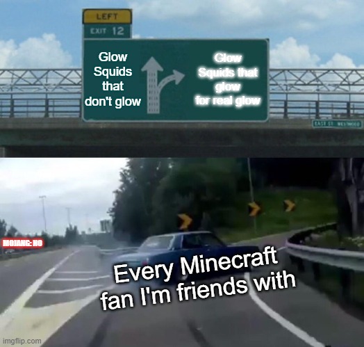 Glow Squids fan choice |  Glow Squids that don't glow; Glow Squids that glow for real glow; MOJANG: NO; Every Minecraft fan I'm friends with | image tagged in memes,left exit 12 off ramp | made w/ Imgflip meme maker