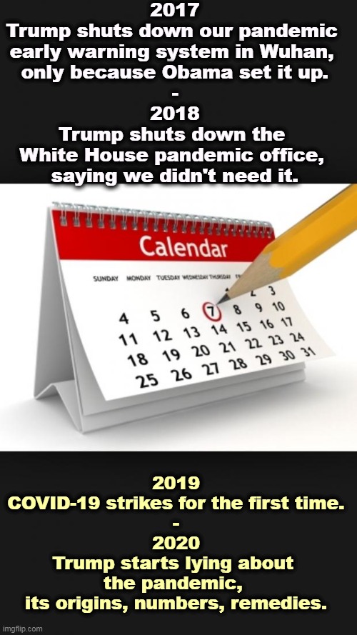 Totally negligent, incompetent Trump. Hundreds of thousands of Americans died as a result. | 2017
Trump shuts down our pandemic 
early warning system in Wuhan, 
only because Obama set it up.
-
2018
Trump shuts down the 
White House pandemic office, 
saying we didn't need it. 2019
COVID-19 strikes for the first time.
-
2020
Trump starts lying about 
the pandemic, 
its origins, numbers, remedies. | image tagged in calendar,covid-19,obama,smart,trump,incompetence | made w/ Imgflip meme maker