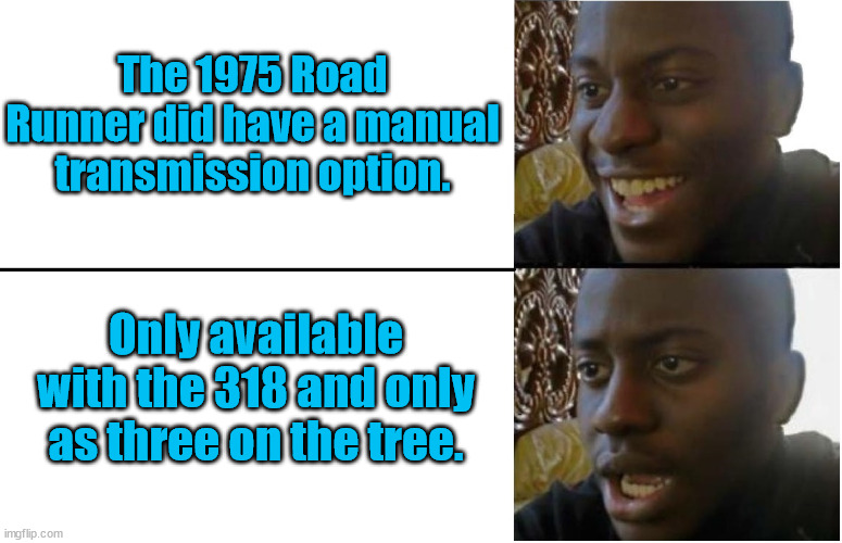 1975 Road Runner | The 1975 Road Runner did have a manual transmission option. Only available with the 318 and only as three on the tree. | image tagged in disappointed black guy | made w/ Imgflip meme maker