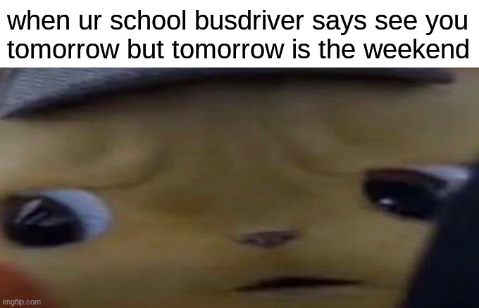 busdriver did [insert crime here] | when ur school busdriver says see you
tomorrow but tomorrow is the weekend | image tagged in unsettled detective pikachu,well yes but actually no,memes,funny,funny memes | made w/ Imgflip meme maker