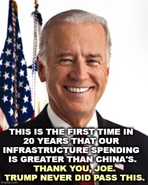 The Chinese are not happy. | THIS IS THE FIRST TIME IN 
20 YEARS THAT OUR 
INFRASTRUCTURE SPENDING 
IS GREATER THAN CHINA'S. THANK YOU, JOE.
TRUMP NEVER DID PASS THIS. | image tagged in memes,joe biden,roads,building,america | made w/ Imgflip meme maker