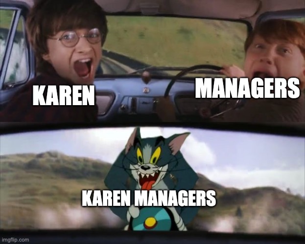 Have you ever met a K-karen M-manager? | MANAGERS; KAREN; KAREN MANAGERS | image tagged in tom chasing harry and ron weasly | made w/ Imgflip meme maker