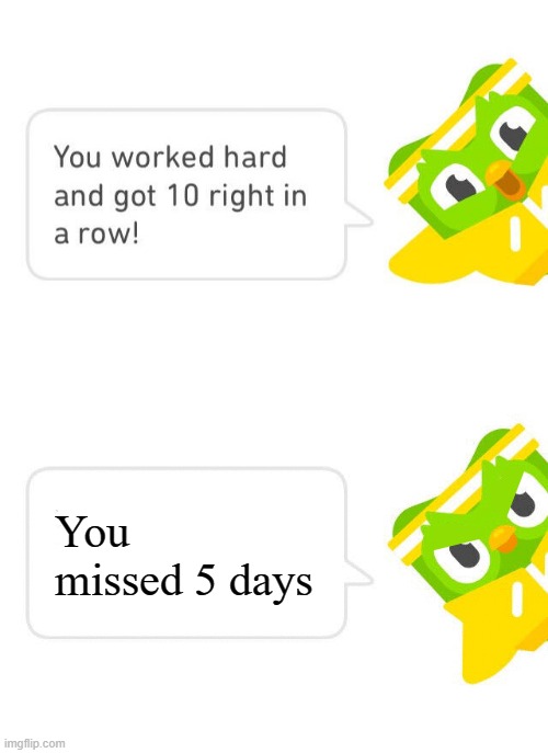 Missing 5 days | You missed 5 days | image tagged in duolingo 10 in a row | made w/ Imgflip meme maker