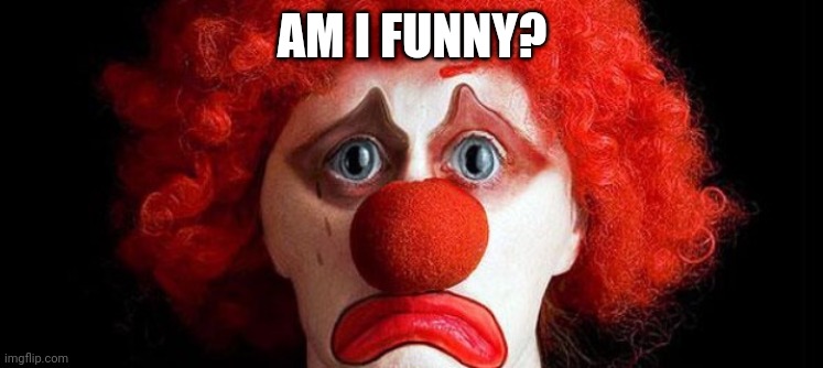 sad clown | AM I FUNNY? | image tagged in sad clown | made w/ Imgflip meme maker
