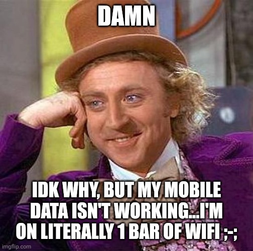 Off to hang myself, this sucks | DAMN; IDK WHY, BUT MY MOBILE DATA ISN'T WORKING...I'M ON LITERALLY 1 BAR OF WIFI ;-; | image tagged in memes,creepy condescending wonka | made w/ Imgflip meme maker