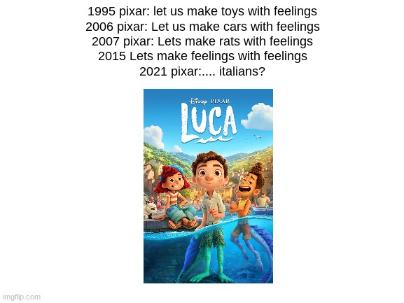 What next, germans? | 1995 pixar: let us make toys with feelings
2006 pixar: Let us make cars with feelings
2007 pixar: Lets make rats with feelings
2015 Lets make feelings with feelings
2021 pixar:.... italians? | image tagged in blank white template | made w/ Imgflip meme maker