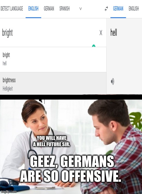 You Aufputschmittel gedankenloser Possenreißer ! | GEEZ, GERMANS ARE SO OFFENSIVE. YOU WILL HAVE A HELL FUTURE SIR. | image tagged in doctor and patient | made w/ Imgflip meme maker