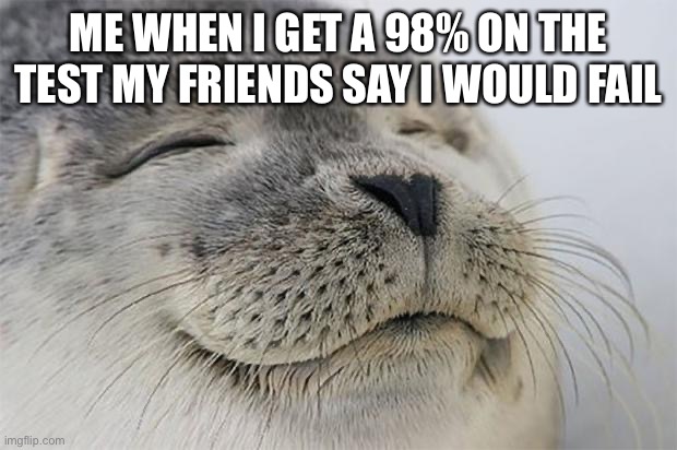 Satisfied Seal | ME WHEN I GET A 98% ON THE TEST MY FRIENDS SAY I WOULD FAIL | image tagged in memes,satisfied seal | made w/ Imgflip meme maker