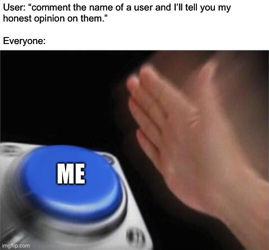 The Bhudda | User: “comment the name of a user and I’ll tell you my 
honest opinion on them.”
 
Everyone:; ME | image tagged in memes,blank nut button | made w/ Imgflip meme maker