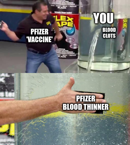 clots | YOU; BLOOD CLOTS; PFIZER
'VACCINE'; PFIZER BLOOD THINNER | image tagged in flex tape | made w/ Imgflip meme maker