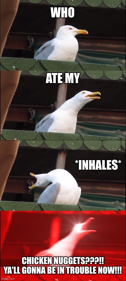 Inhaling Seagull | WHO; ATE MY; *INHALES*; CHICKEN NUGGETS???!! YA'LL GONNA BE IN TROUBLE NOW!!! | image tagged in memes,inhaling seagull | made w/ Imgflip meme maker