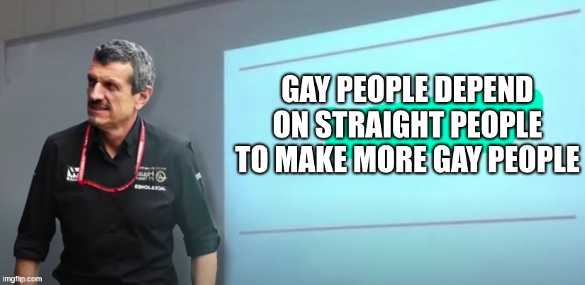 Guenther Steiners Presentation | GAY PEOPLE DEPEND ON STRAIGHT PEOPLE TO MAKE MORE GAY PEOPLE | image tagged in guenther steiners presentation | made w/ Imgflip meme maker