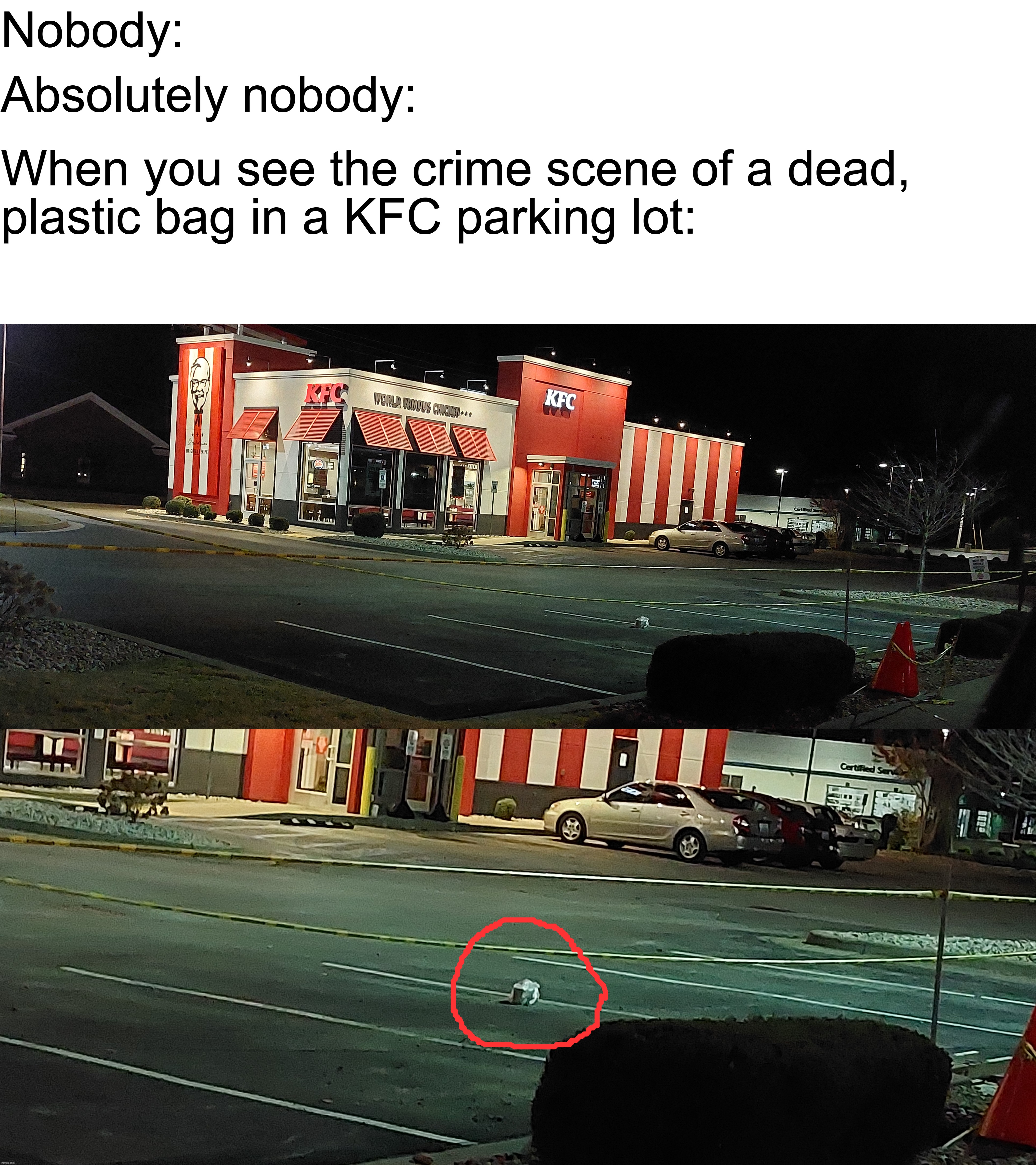 It's truly a mystery... | Absolutely nobody:; Nobody:; When you see the crime scene of a dead, 
plastic bag in a KFC parking lot: | image tagged in weird | made w/ Imgflip meme maker