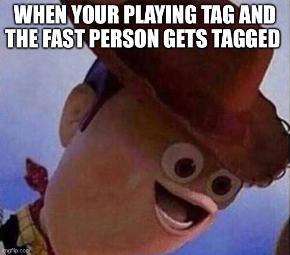 Derp Woody | WHEN YOUR PLAYING TAG AND THE FAST PERSON GETS TAGGED | image tagged in derp woody | made w/ Imgflip meme maker