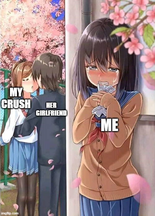 Anime crush | HER GIRLFRIEND; MY CRUSH; ME | image tagged in anime crush | made w/ Imgflip meme maker
