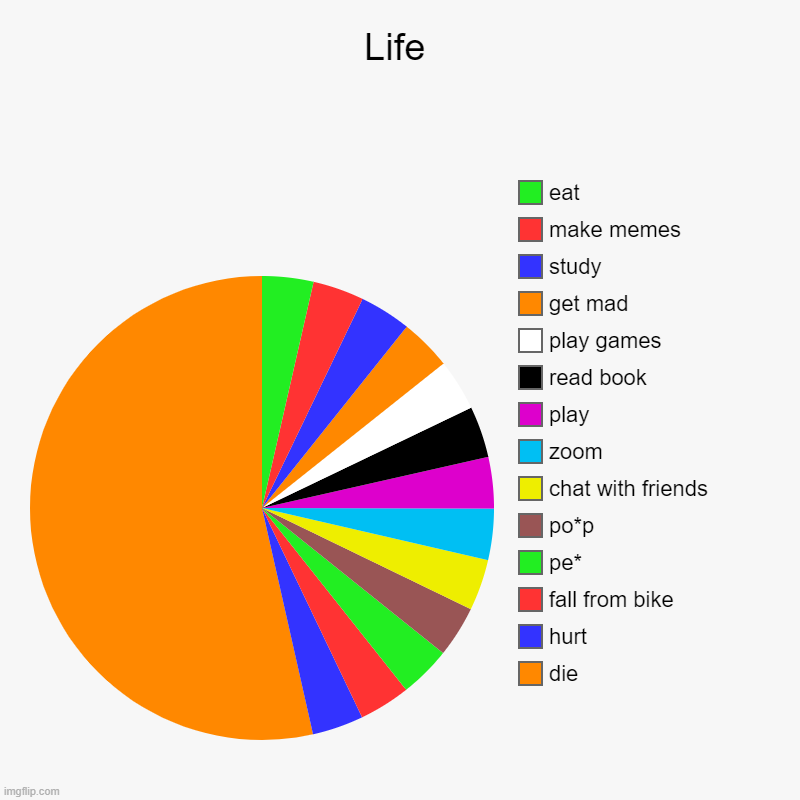 life is disaster | Life | die, hurt, fall from bike, pe*, po*p, chat with friends, zoom, play, read book, play games, get mad, study, make memes, eat | image tagged in charts,pie charts | made w/ Imgflip chart maker