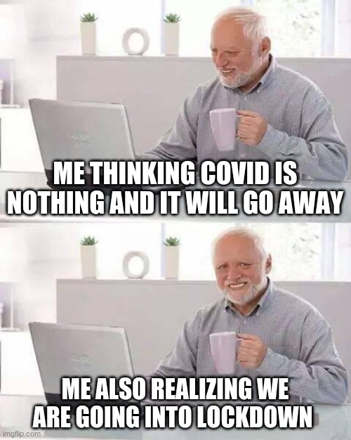 Just stay clam... | ME THINKING COVID IS NOTHING AND IT WILL GO AWAY; ME ALSO REALIZING WE ARE GOING INTO LOCKDOWN | image tagged in memes,hide the pain harold | made w/ Imgflip meme maker