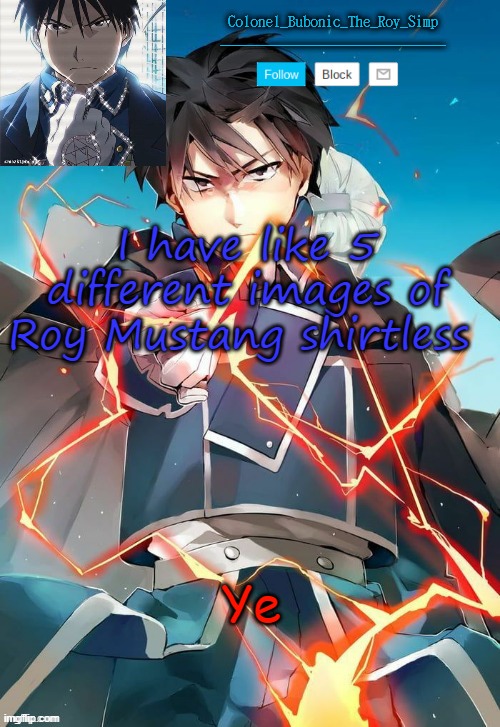 Another Roy Temp Cry about it | I have like 5 different images of Roy Mustang shirtless; Ye | image tagged in another roy temp cry about it | made w/ Imgflip meme maker