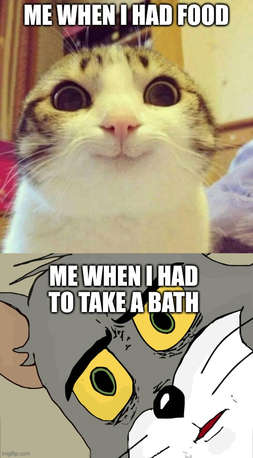 ME WHEN I HAD FOOD; ME WHEN I HAD TO TAKE A BATH | image tagged in memes,smiling cat,unsettled tom | made w/ Imgflip meme maker