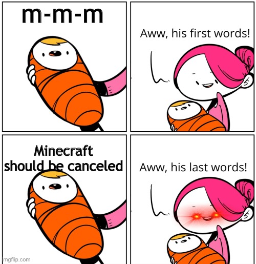 My friend made this meme | m-m-m; Minecraft should be canceled | image tagged in aww his last words | made w/ Imgflip meme maker