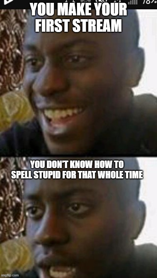 stream meme | YOU MAKE YOUR FIRST STREAM; YOU DON'T KNOW HOW TO SPELL STUPID FOR THAT WHOLE TIME | image tagged in when you realize,me,wow,stuped | made w/ Imgflip meme maker