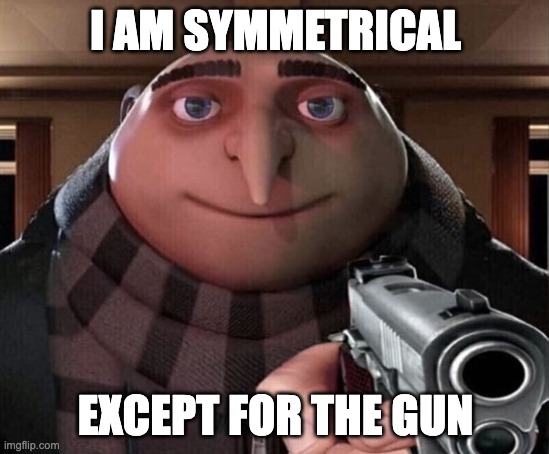 Gru Gun | I AM SYMMETRICAL; EXCEPT FOR THE GUN | image tagged in gru gun | made w/ Imgflip meme maker