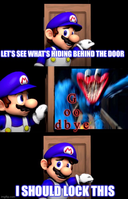Meanwhile behind the door | LET’S SEE WHAT’S HIDING BEHIND THE DOOR; G o o d b y e; I SHOULD LOCK THIS | image tagged in smg4 door with no text,oh no,memes | made w/ Imgflip meme maker