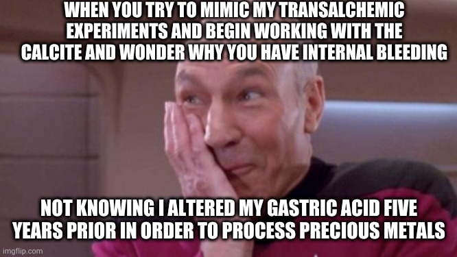 picard oops | WHEN YOU TRY TO MIMIC MY TRANSALCHEMIC EXPERIMENTS AND BEGIN WORKING WITH THE CALCITE AND WONDER WHY YOU HAVE INTERNAL BLEEDING; NOT KNOWING I ALTERED MY GASTRIC ACID FIVE YEARS PRIOR IN ORDER TO PROCESS PRECIOUS METALS | image tagged in picard oops | made w/ Imgflip meme maker