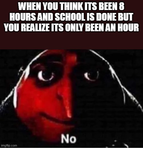 noooooooooooooo | WHEN YOU THINK ITS BEEN 8 HOURS AND SCHOOL IS DONE BUT YOU REALIZE ITS ONLY BEEN AN HOUR | image tagged in gru no,online school | made w/ Imgflip meme maker